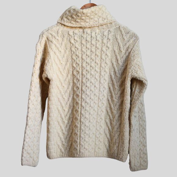 ARAN Turtleneck Sweater Cable Knit Cream Irish 100% Wool Size S - Picture 2 of 7